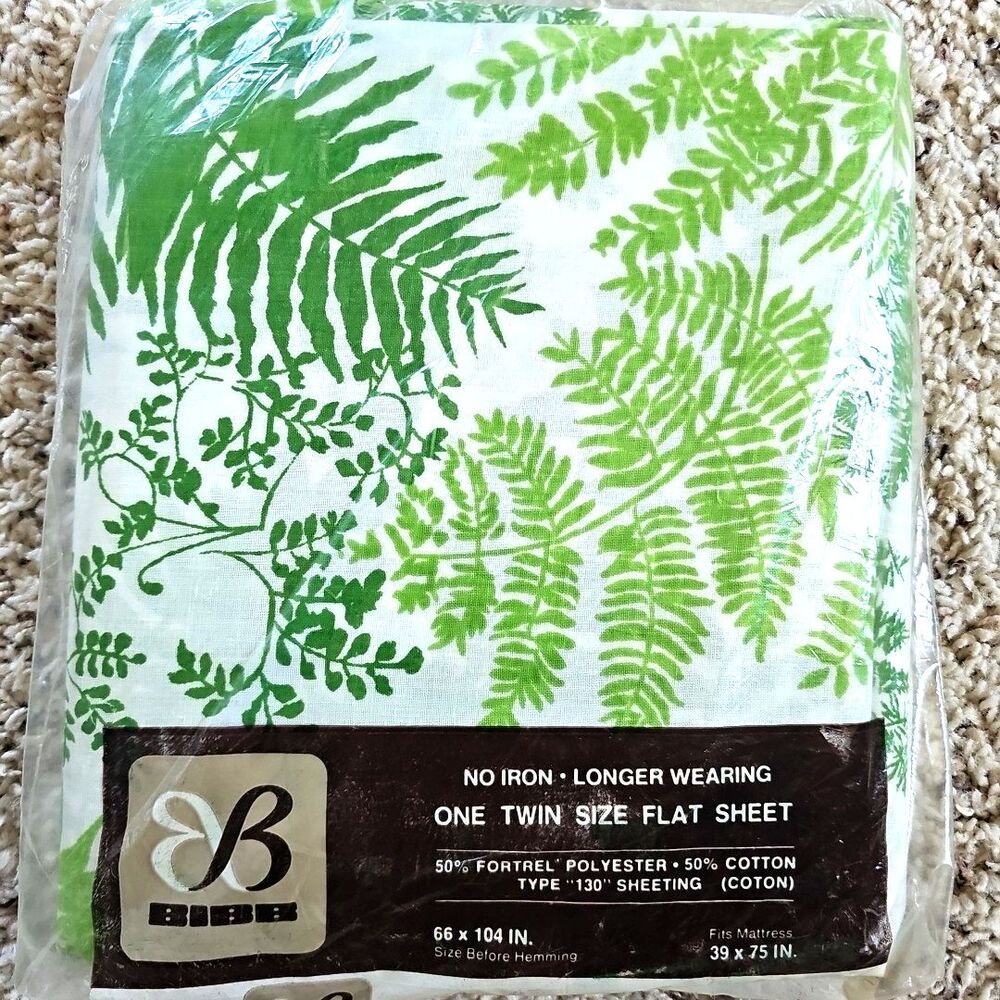 Vtg Bibb TWIN Flat Sheet Siesta Key Green Fern Leaves Tropical Forest Fabric NEW
